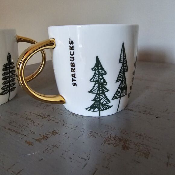 Starbucks Pine Trees Christmas  Coffee Mug Cup Christmas 14oz PAIR Gold 2015 - Picture 5 of 8